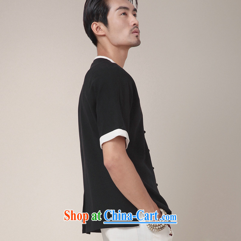 Fujing Qipai Tang China wind shirt linen Chinese upgrade day silk Chinese-tie-neck improved men's short-sleeved national summer T-shirt 360 black XL, Fujing Qipai Tang (Design seventang), online shopping