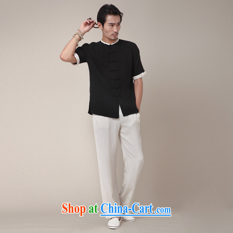 Fujing Qipai Tang China wind shirt linen Chinese upgrade day silk Chinese-tie-neck improved men's short-sleeved national summer T-shirt 360 black XL, Fujing Qipai Tang (Design seventang), online shopping