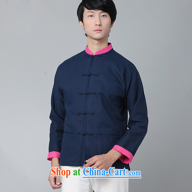 Fujing Qipai Tang China wind up collar shirt original Bao Tang with stylish retro cotton Ma T-shirt Han-male and ethnic Chinese long-sleeved knocked color jacket 006 dark blue XL