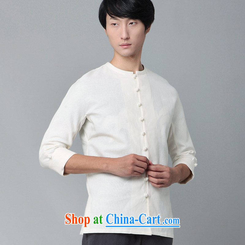 Fujing Qipai Tang China wind spring Casual Shirt Tang with long-sleeved cotton the improved national jacket arm cuff round-collar Chinese men detained the 9 T-shirt 391 white XL