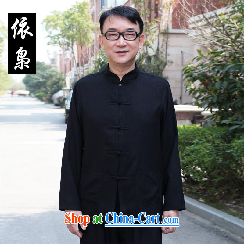 In 2015 consultations new father with long-sleeved cotton linen shirts T-shirt Home China wind older persons in male Chinese loose shirt T shirt Father's Day Gift black 4XL