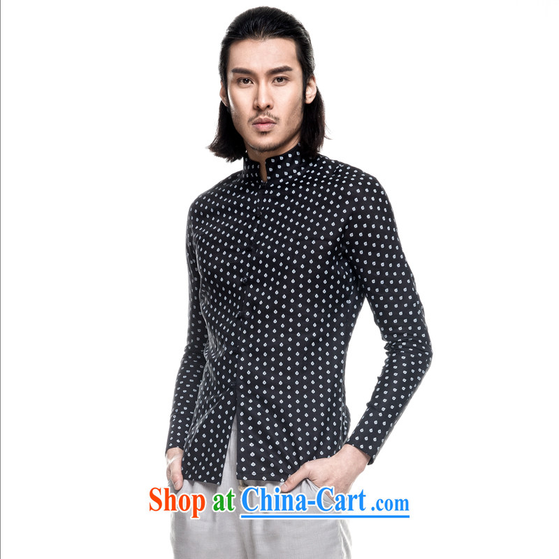 Fujing Qipai Tang China wind 2014 spring and summer, the disc snaps shirt cultivating long-sleeved original linen shirt male and thin shirt stylish stamp AC 2135 black M