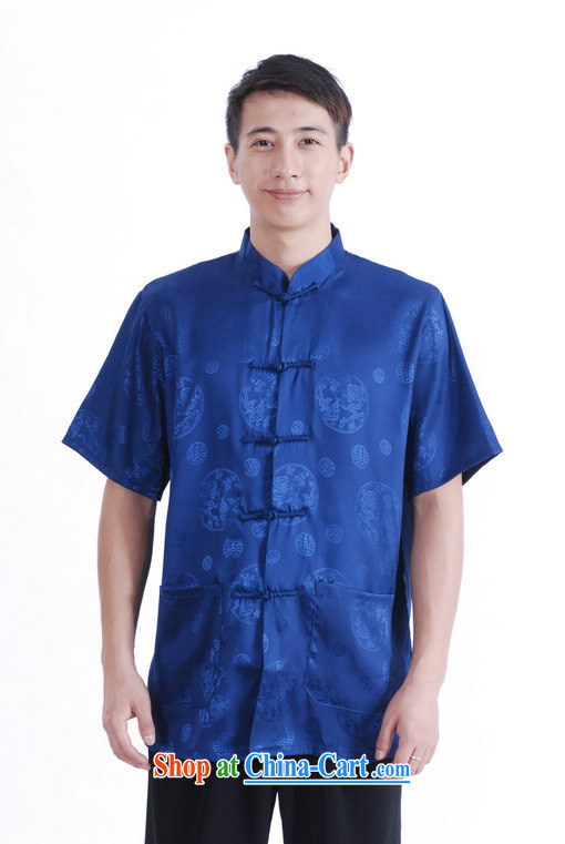 Jing An older Chinese men's Summer for the damask China wind Chinese men's short-sleeved larger male M 2066, Cyan XXL (160 - 175 ) jack pictures, price, brand platters! Elections are good character, the national distribution, so why buy now enjoy more preferential! Health