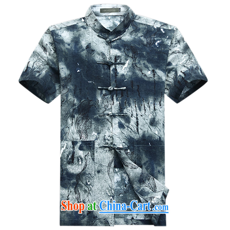 Father's Day, older men's casual cotton short-sleeved Chinese men and summer Chinese boxed China wind-back national service men's retreat serving blue L_175