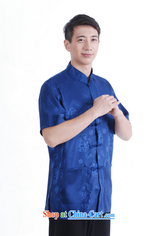 Floor is floor middle-aged father new summer male, short-sleeved-tie Chinese improved the code damask Chinese shirt, and cyan XXXL pictures, price, brand platters! Elections are good character, the national distribution, so why buy now enjoy more preferential! Health