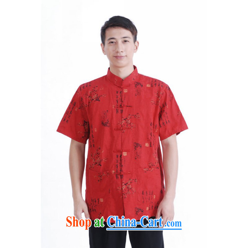 Floor is still building his father with new summer men, short-sleeved floral Chinese improved the code Chinese shirt Male Red XXXL