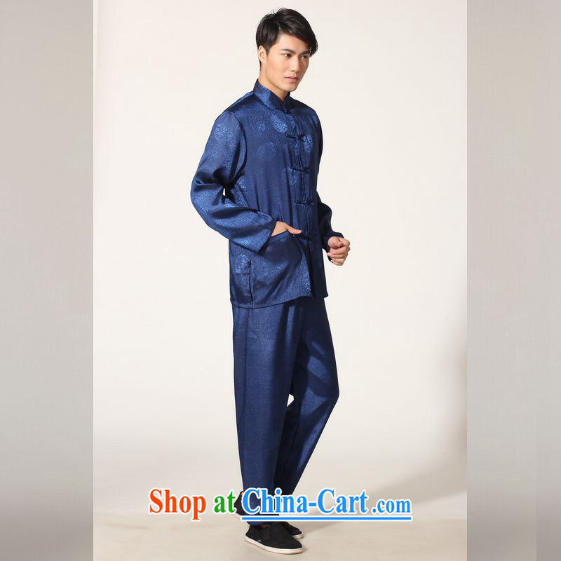 Miss Au resulted in older Chinese men and spring and summer with the collar silk long-sleeved Kit tang on men's kung fu Kit Tai Chi uniforms M 0049 - B, Cyan L (125 - 140 ) jack, an Jing, shopping on the Internet