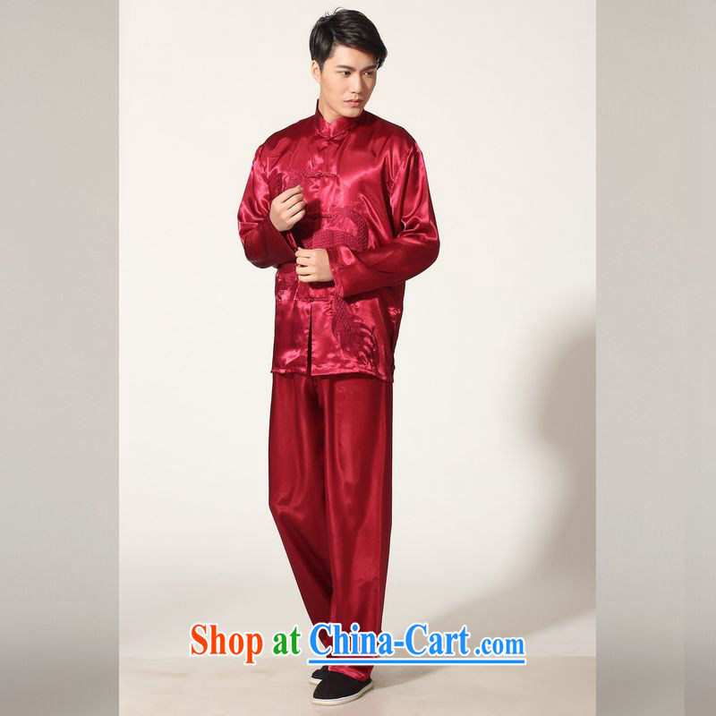 Jing An older Chinese men and summer, for silk embroidered Chinese Dragon Chinese men's long-sleeved package the code men's kung fu Kit XL M 146 0013 wine red M _100 - 120 _ jack