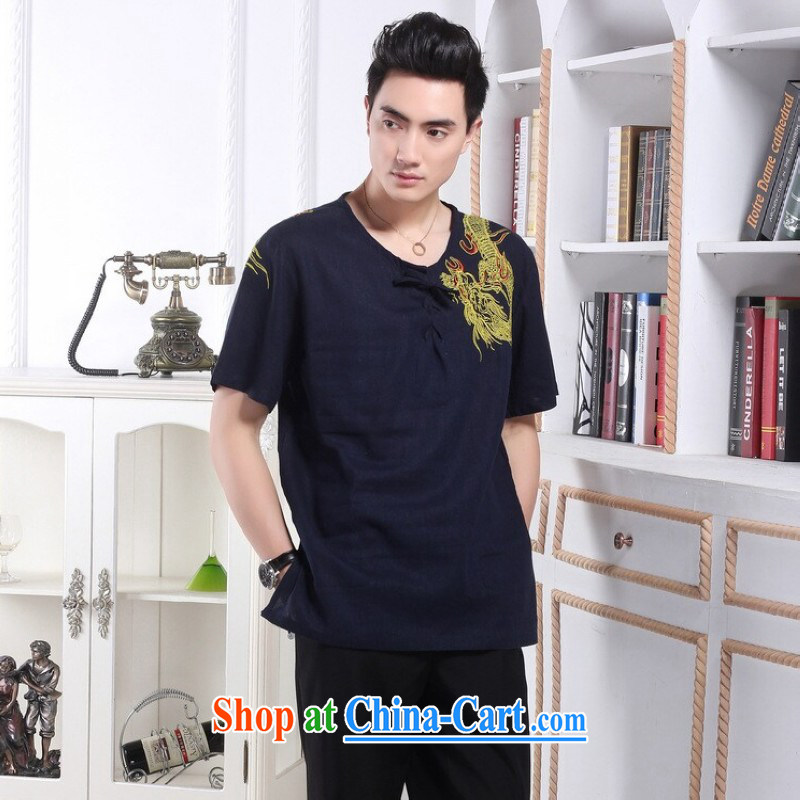 Floor is floor men's new summer male Chinese Chinese improved smock embroidered dragon short-sleeved used boxing kung fu shirt linen Chinese male - 1 hidden cyan XXXL