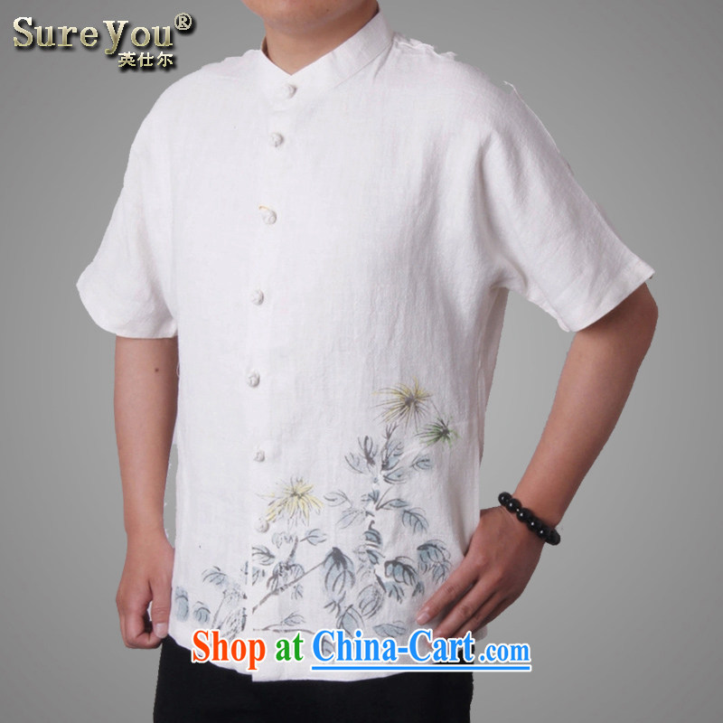 sureyou male 15 new upscale Chinese elderly in short-sleeved Chinese, for Chinese men's costumes ethnic Chinese wind fabric pure ramie promotional white 190