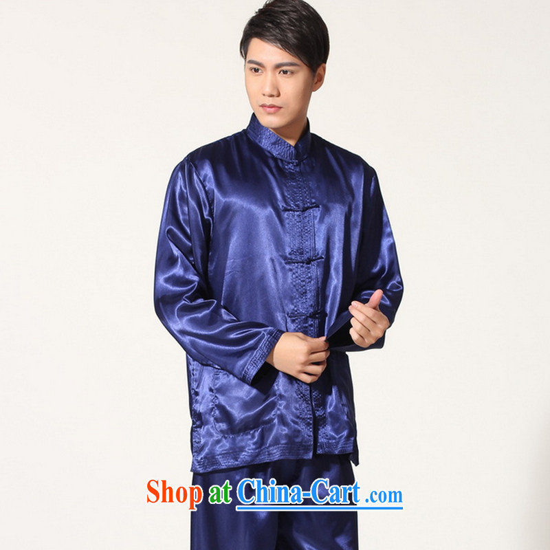 The freezing point special take the new man Tang with solid-colored damask Chinese Tai Chi Kit Chinese Kung Fu T-shirt two-piece with the 2 deep blue XL, figure, shopping on the Internet