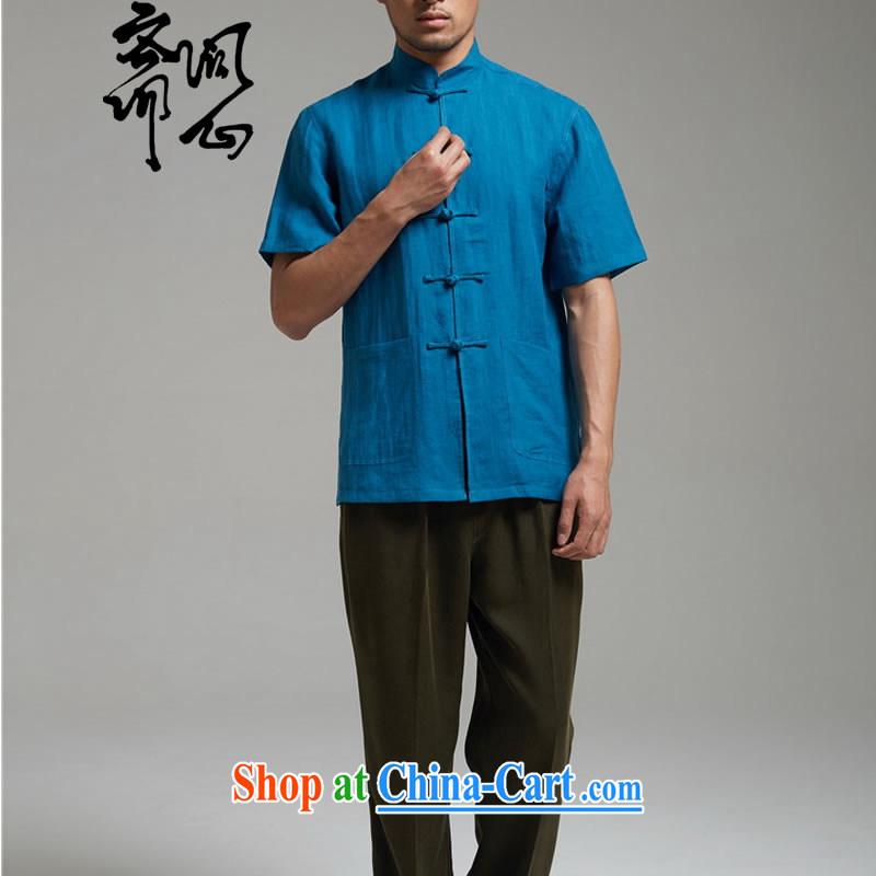 q heart Id al-Fitr (the Health men's summer new ramie cloth Chinese-tie shirt breathable T-shirt 1436 Peacock Blue XXXL 190, ask a vegetarian, shopping on the Internet