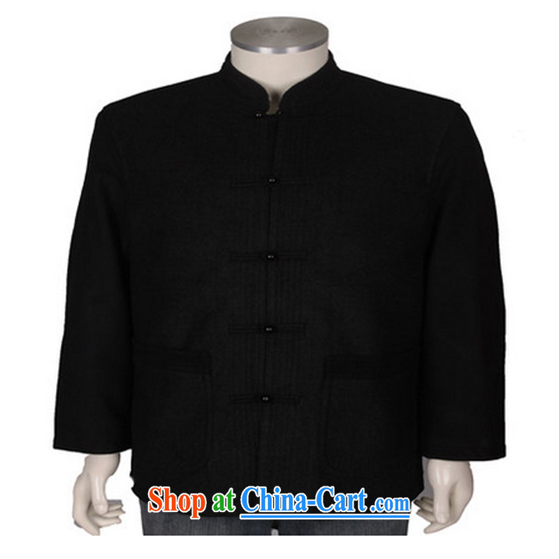 High quality Chinese male Ethnic Wind and collar wool Chinese T-shirt middle-aged and older fall_winter clothes business men Tang black XXXL_190