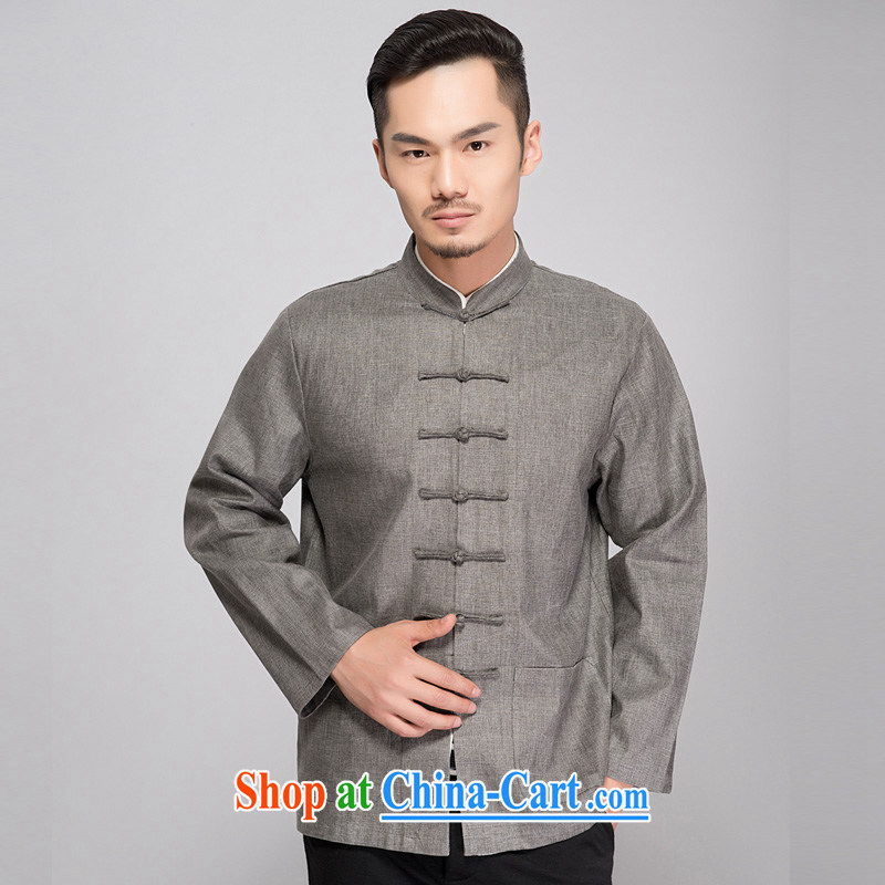 Yan Shu Pavilion spring cotton Ma Tang with long-sleeved autumn replace men loose cotton Ma Tang with long-sleeved T-shirt and old cotton muslin Ma T-shirt - old napped long-sleeved dark gray 4 XL