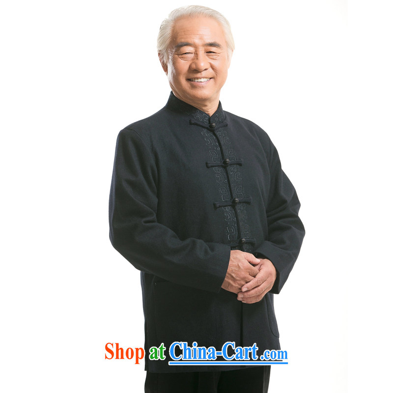 F 0761 men's long-sleeved Chinese men and wool blended wool? Tang with autumn and winter with ethnic clothing, older Han-dark blue XXXL_190