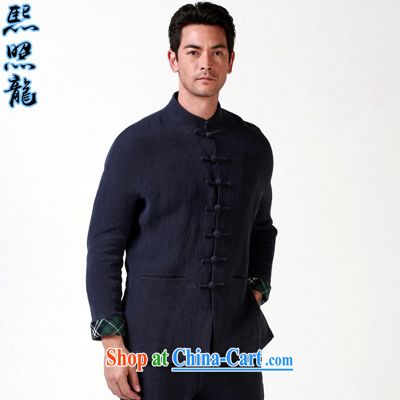 Hee-snapshot Dragon original high-end double linen men's Chinese cotton, thick Chinese Winter, loose long-sleeved jacket dark blue XL