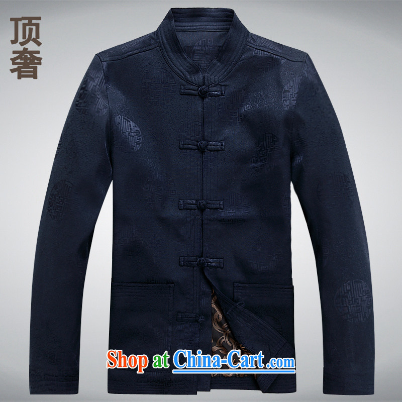 Top Luxury men's long-sleeved T-shirt pure cotton Ethnic Wind-tie jacket men's China in the wind old men Tang with Grandpa with the long-sleeved, long-sleeved XXL blue XXXL_185