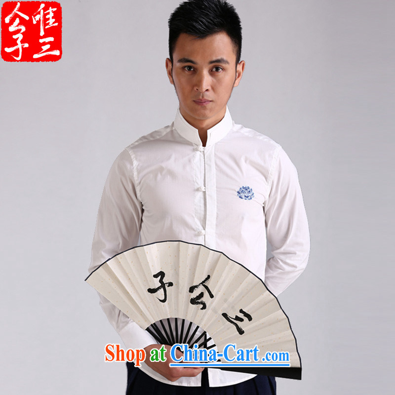 Only 3 Chinese wind blue lotus flower embroidery cultivating the collar shirt men's long-sleeved leisure-tie Chinese shirt Chinese Spring and light blue movement (XXL), only 3, shopping on the Internet