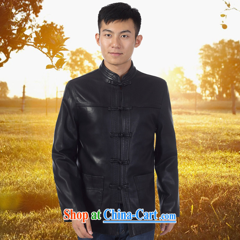 2014 autumn and winter, older Chinese in smock long Korean version, neck jacket leather jacket black 190