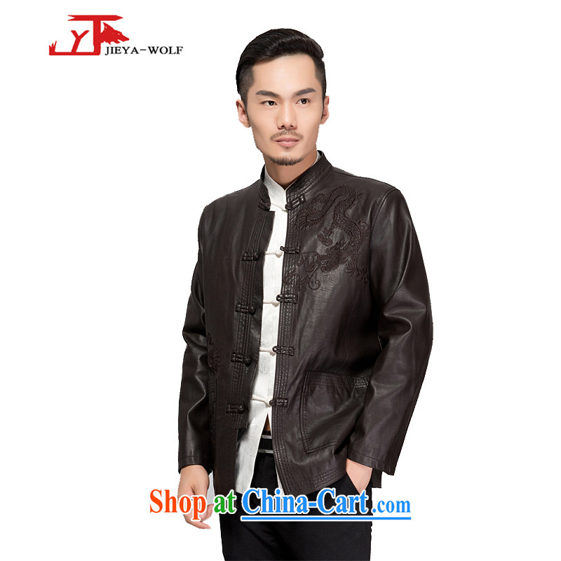 Jack And Jacob - Wolf JIEYA - WOLF tang on men's spring long-sleeved leather jacket men's Chinese T-shirt embroidered dragon high-end leather jacket stylish casual brown 175/L, JIEYA - WOLF, shopping on the Internet
