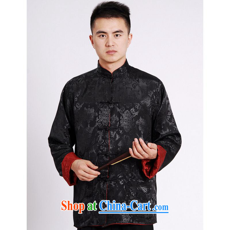 He Jing Ge Chinese men's long-sleeved dress men Tang jackets, for double-sided through damask Tang Black + red L
