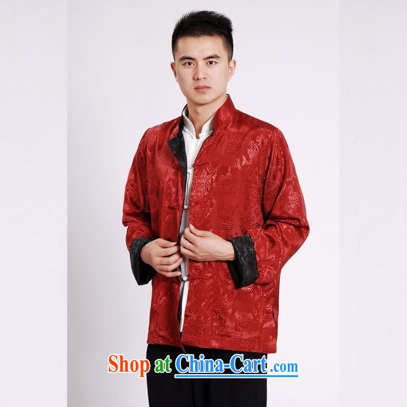 The frequency tang on men's long-sleeved dress men Tang jackets, for double-sided through damask Tang Black + red 3 XL, the bandwidth, and shopping on the Internet