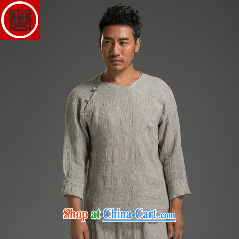 Internationally renowned Chinese wind fall, men's summer linen Tray Charge-back round-neck collar long-sleeved swashplate snap personality national costumes light gray jumbo _180_