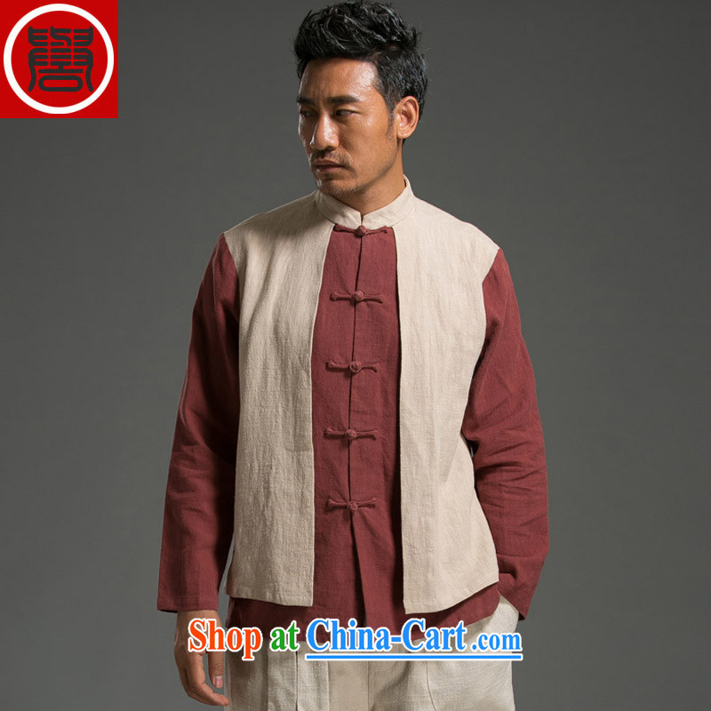 Internationally renowned original China wind leave of two in Sau San men's long-sleeved T-shirt with autumn flax spell color-charge-back the collar T-shirt red and white jumbo (2XL), internationally renowned (CHIYU), online shopping