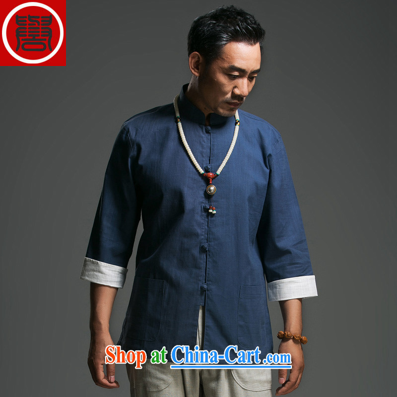 Internationally renowned middle-aged and older men Tang with pure cotton is withholding the collar 7 cuff Chinese shirt traditional Han Chinese clothing men's clothing Chinese clothing, blue _185_