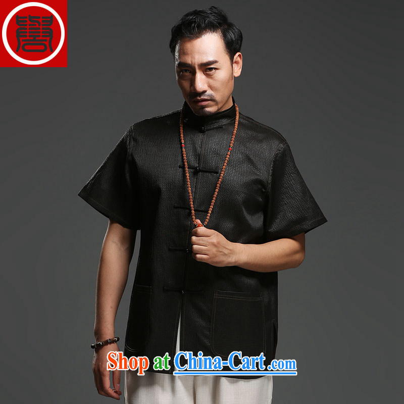 Internationally renowned sauna silk Ethnic Wind Chinese middle-aged and older men with silk incense cloud yarn T-shirt short-sleeved silk Tang black 185, internationally renowned (CHIYU), shopping on the Internet