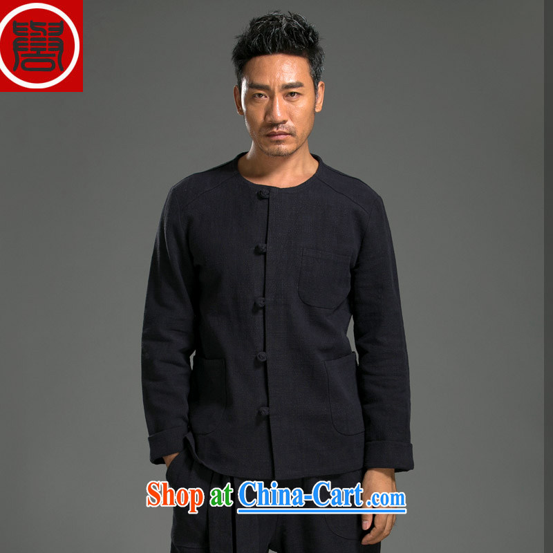 Internationally renowned Chinese wind men's shirts long-sleeved T-shirt kung fu T-shirt men's kit Chinese round-collar cotton Ma Sau San simple ethnic wind dark blue XXXL