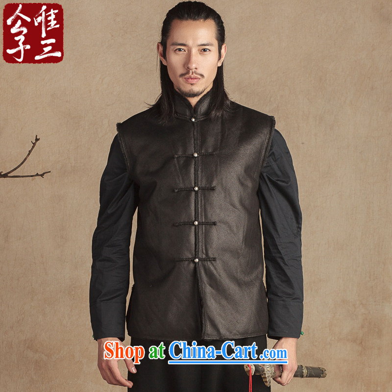 Only 3 Chinese wind men's national leather jacket cotton a fall and winter silver-plated tray snaps cultivating Chinese improved Tang with thick black movement _XXL_