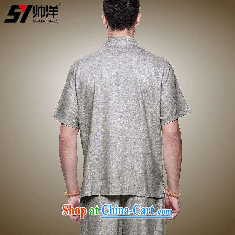 cool ocean new linen men's Chinese package China wind short-sleeve plus the pants summer hand-tie the collar retro Chinese national costumes the gray (short-sleeved pants kit) 41/175, cool ocean (SHUAIYANG), online shopping
