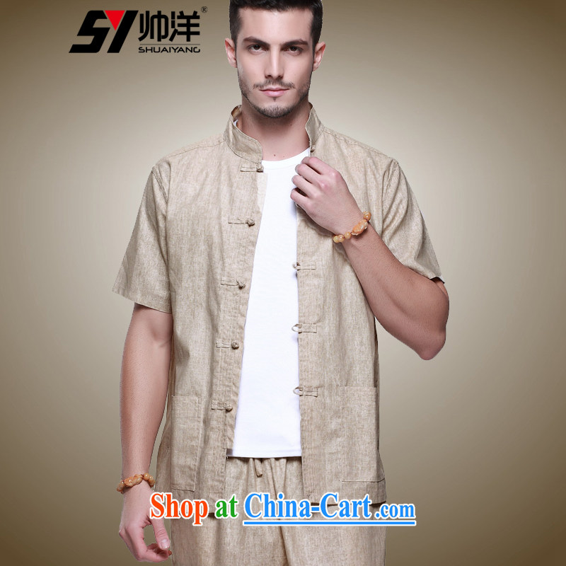 cool ocean new linen men's Chinese package China wind short-sleeve plus the pants summer hand-tie the collar retro Chinese national costumes the gray (short-sleeved pants kit) 41/175, cool ocean (SHUAIYANG), online shopping