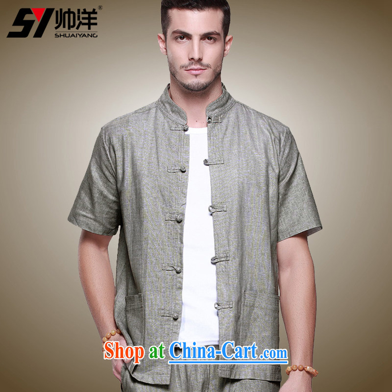 Cool the ocean 2015 new linen men's Chinese T-shirt with short sleeves Chinese clothing summer China wind manual tray for the collar shirt and the gray (short-sleeved T-shirt) 42/180, cool ocean (SHUAIYANG), online shopping