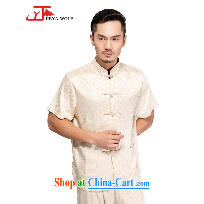 Jack And Jacob - Wolf JEYA - WOLF new kit Tang on men's short-sleeved summer thin men Tang replace national leisure package the river during the Qingming Festival silk, beige hand-tie a 190_XXXL