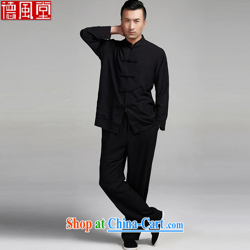 De-tong Sangmu cotton the embroidery set kung fu tea with Tai Chi clothing men's Chinese package _T-shirt + pants_ thin and comfortable Chinese clothing black XXXL