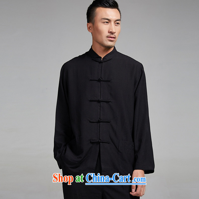 De-tong Sangmu cotton the embroidery set kung fu tea with Tai Chi clothing men's Chinese package (T-shirt + pants) thin and light and comfortable Chinese clothing black XXXL, de-tong, shopping on the Internet