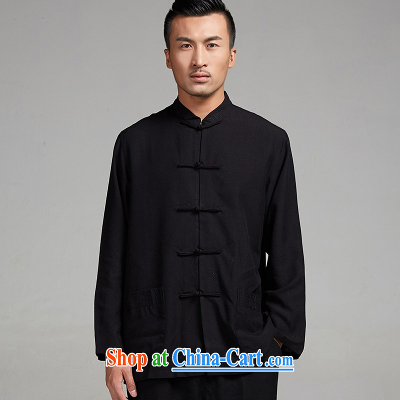 De-tong Sangmu cotton the embroidery set kung fu tea with Tai Chi clothing men's Chinese package (T-shirt + pants) thin and light and comfortable Chinese clothing black XXXL, de-tong, shopping on the Internet