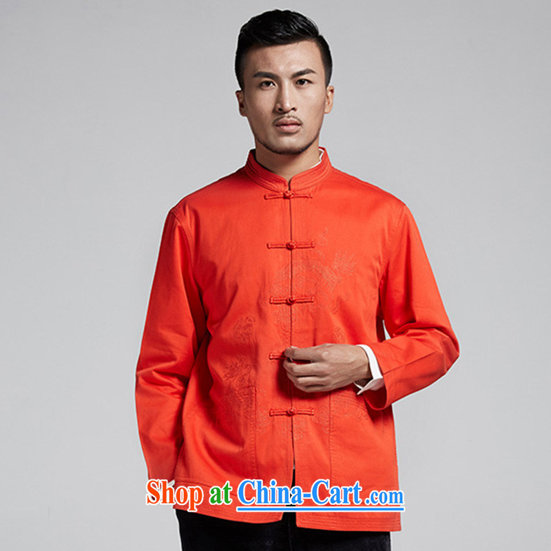 De-Tong Kowloon day 2015 spring Chinese improved men Tang jackets traditional tray snaps home Ethnic Wind men's orange red 52-XXXL, de-tong, shopping on the Internet