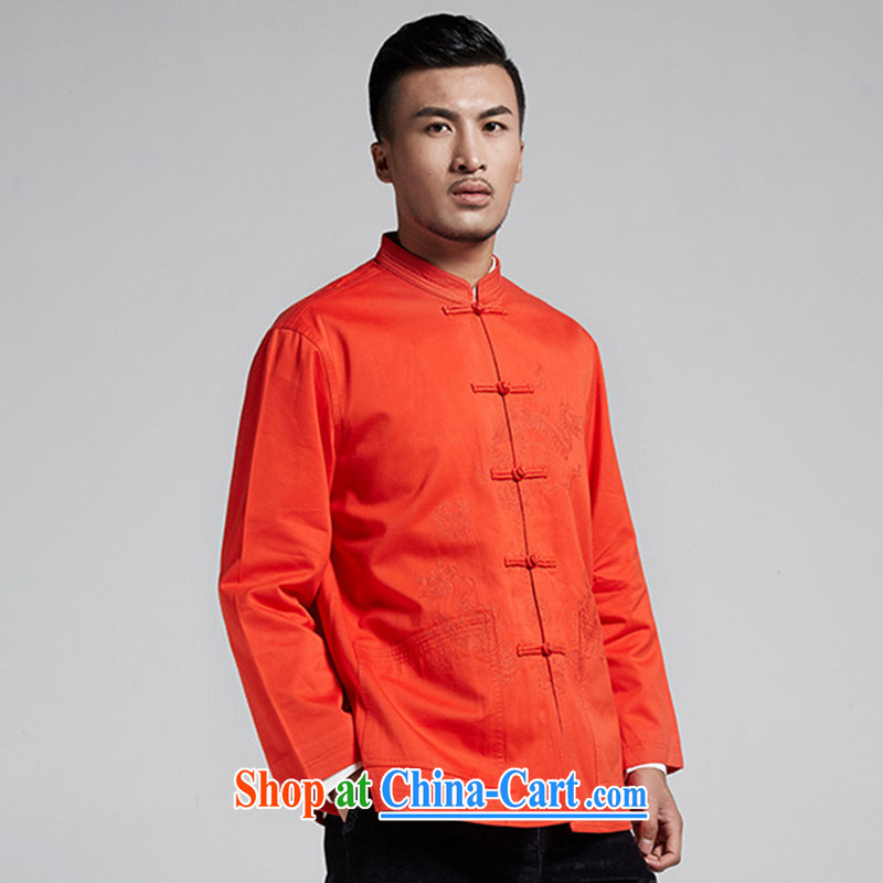 De-Tong Kowloon day 2015 spring Chinese improved men Tang jackets traditional tray snaps home Ethnic Wind men's orange red 52-XXXL, de-tong, shopping on the Internet