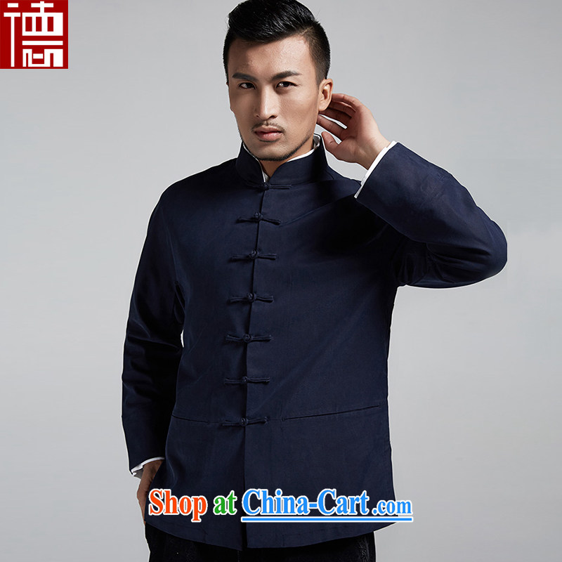 De wind turbine hall the grand Chinese style men's Chinese 2015 autumn and winter cuff double-decker long-sleeved T-shirt cool casual jacket China wind men's dark blue 48_XL