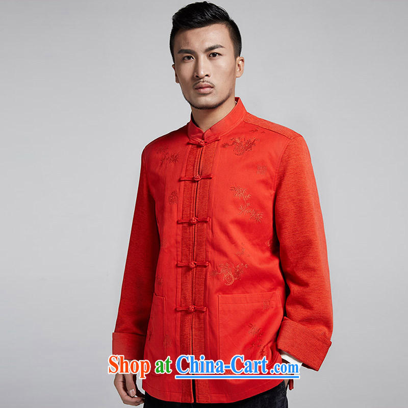 De-Tong Lung Tibetan Chinese men and Chinese flip cuff 2015 winter jackets and stylish personalized embroidery leisure long-sleeved T-shirt Chinese wind men's orange red 52, de-tong, shopping on the Internet