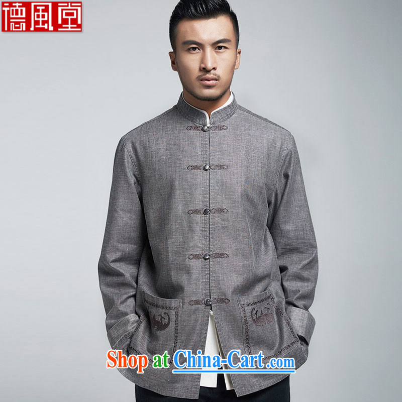 De-Tong Fuk, linen Chinese men's 2015 spring jacket Chinese T-shirt Chinese wind National wind men's dark gray, Yi XXXL