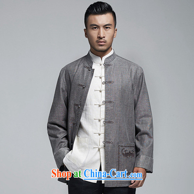 De-Tong Fuk, linen Chinese men's 2015 spring jacket Chinese T-shirt Chinese wind National wind men's dark gray, Yi XXXL, wind, and shopping on the Internet