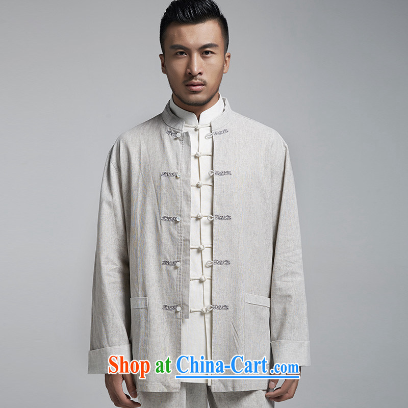 De-tong was played plain linen Chinese men's long-sleeved T-shirt Chinese leisure jacket embroidery original Chinese Wind and spring and autumn 2015 gray XXXL, de-tong, shopping on the Internet