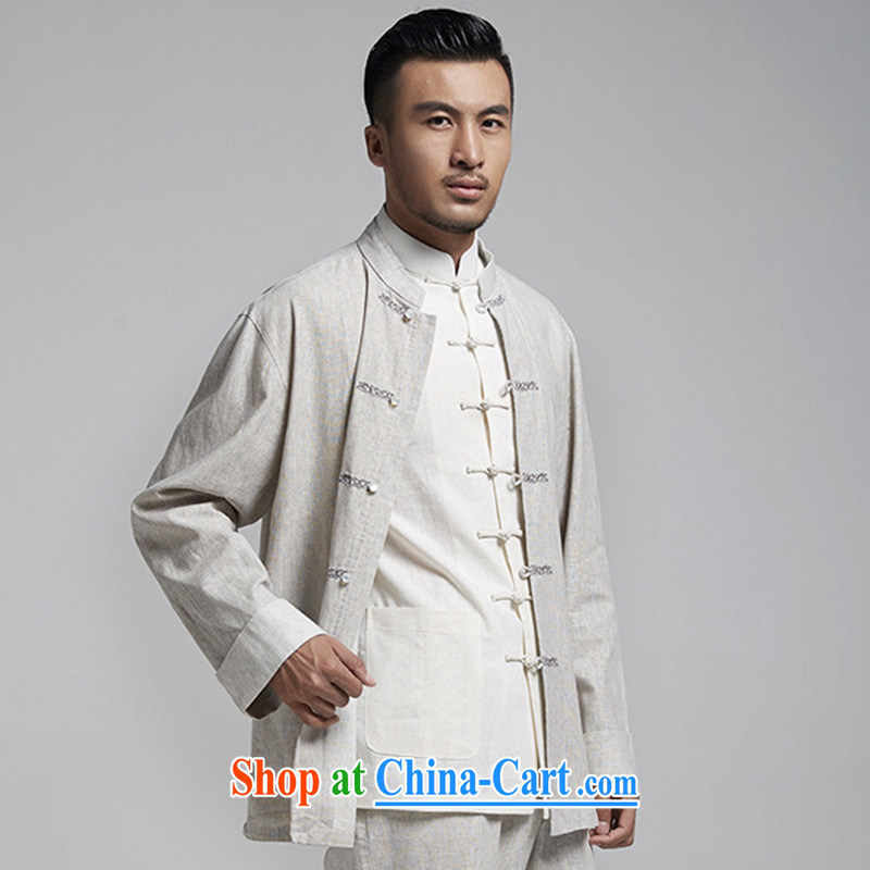De-tong was played plain linen Chinese men's long-sleeved T-shirt Chinese leisure jacket embroidery original Chinese Wind and spring and autumn 2015 gray XXXL, de-tong, shopping on the Internet
