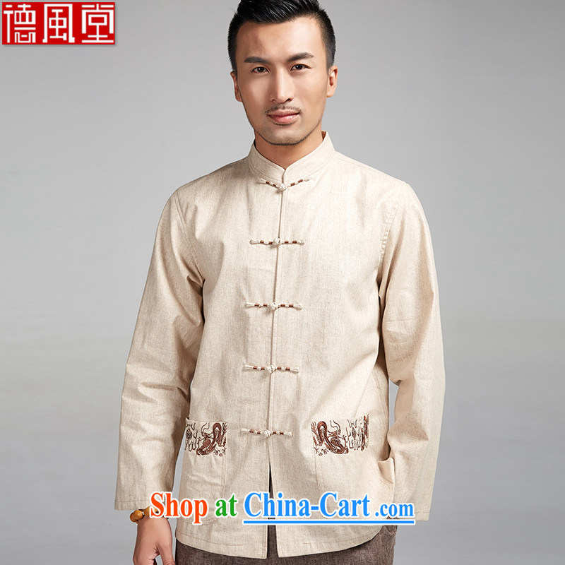 De-tong thick cotton Jersey the male Chinese shirt Chinese Spring and solid shirts wound embroidery China wind men's 2015 spring and autumn beige 4 XL