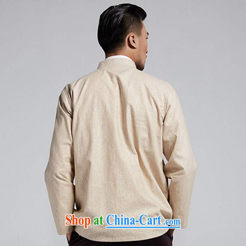 De-tong thick Jersey cotton Ma men Chinese shirt Chinese Spring and Autumn and solid T-shirt Wire Wrap embroidery China wind men's 2015 spring and autumn beige 4 XL, de-tong, shopping on the Internet