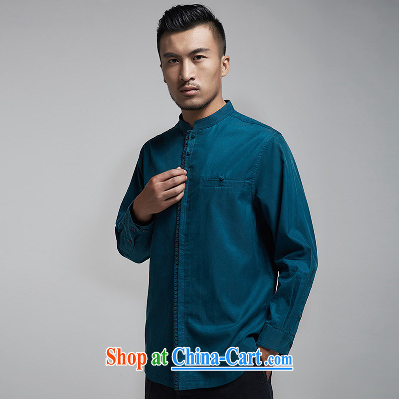 De-Tong Jun 2015 world import day, Chinese men's long-sleeved T-shirt fall and winter Youth Chinese solid T-shirt Chinese wind male Chinese clothing blue 50, de-tong, shopping on the Internet